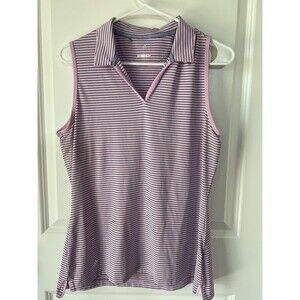 Women’s Golf Shirt Large Adidas Polo Pink Collared Sleeveless Striped 0391